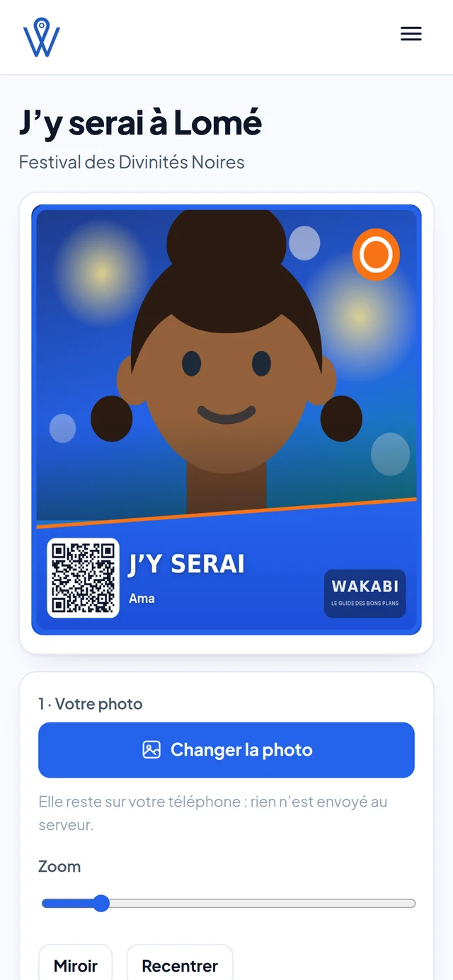 Wakabi Boost sur un téléphone : une invitée compose son badge « J’y serai », photo, QR Code et prénom déjà en place.